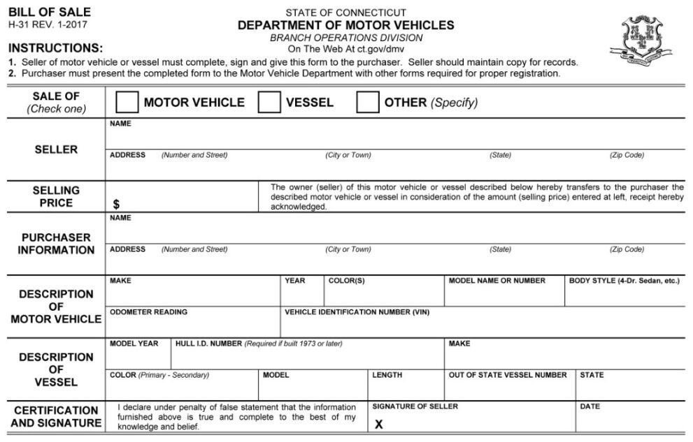 Connecticut Motor Vehicle Bill of Sale Form