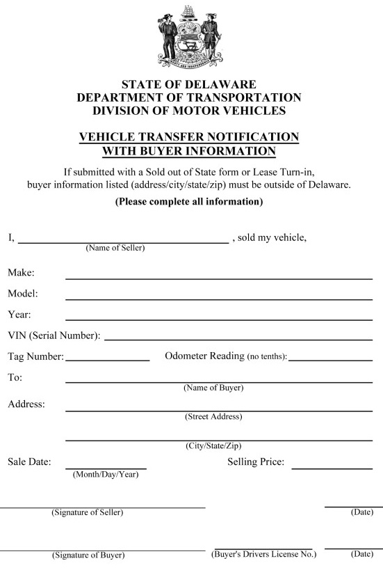 Delaware Motor Vehicle Bill of Sale Form