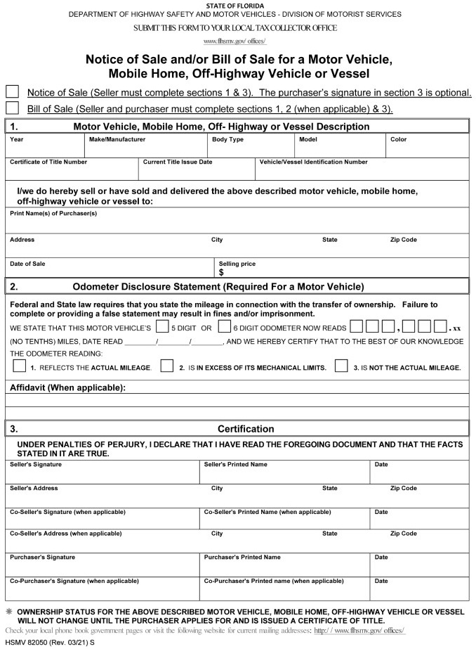 Florida Motor Vehicle Bill of Sale Form HSMV 82050