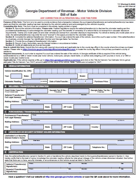 Georgia Motor Vehicle Bill of Sale Form T 7