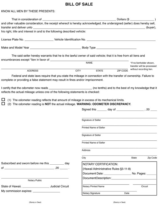 Hawaii Motor Vehicle Bill of Sale Form MVR 40