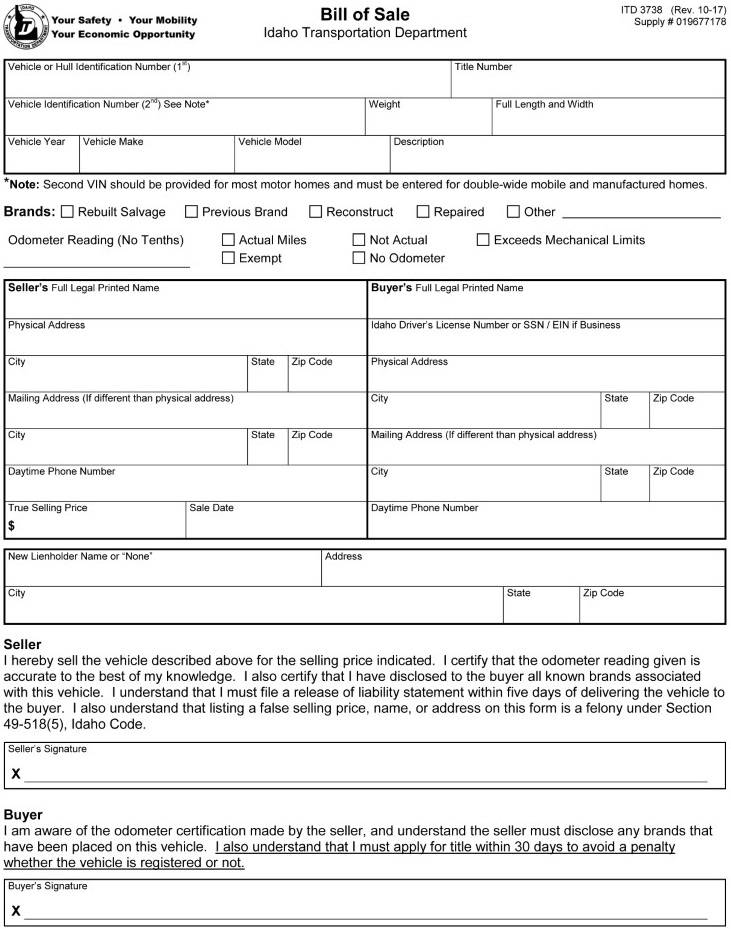 Idaho Motor Vehicle Bill of Sale Form IDT 3738