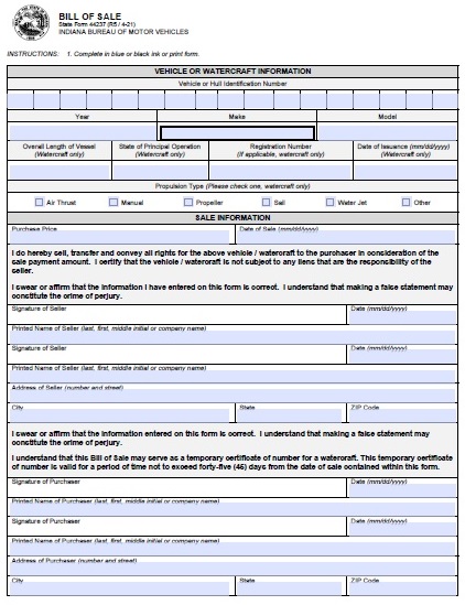 Indiana Motor Vehicle Bill of Sale Form BMV 44237