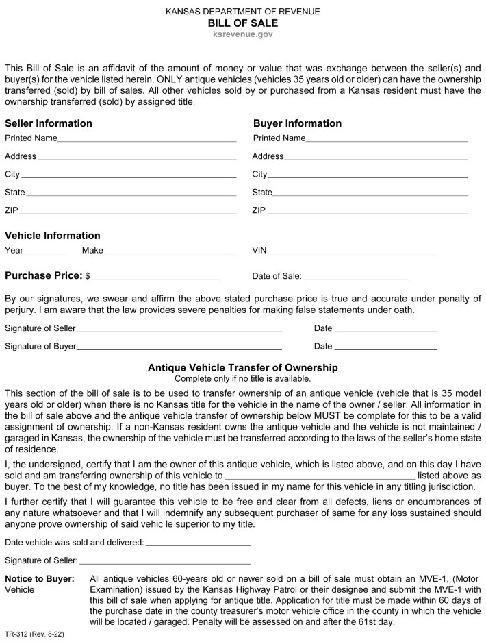 Kansas Motor Vehicle Bill of Sale Form TR 312