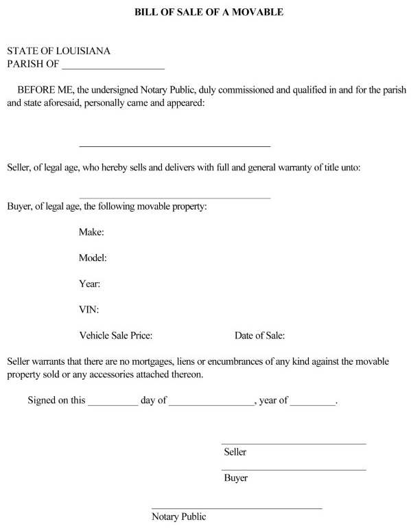 Louisiana Motor Vehicle Bill of Sale Form