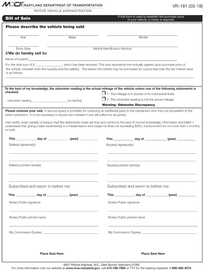 Maryland Motor Vehicle Bill of Sale Form VR 181