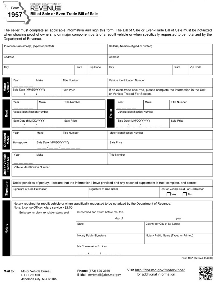 Missouri Motor Vehicle Bill of Sale Form 1957