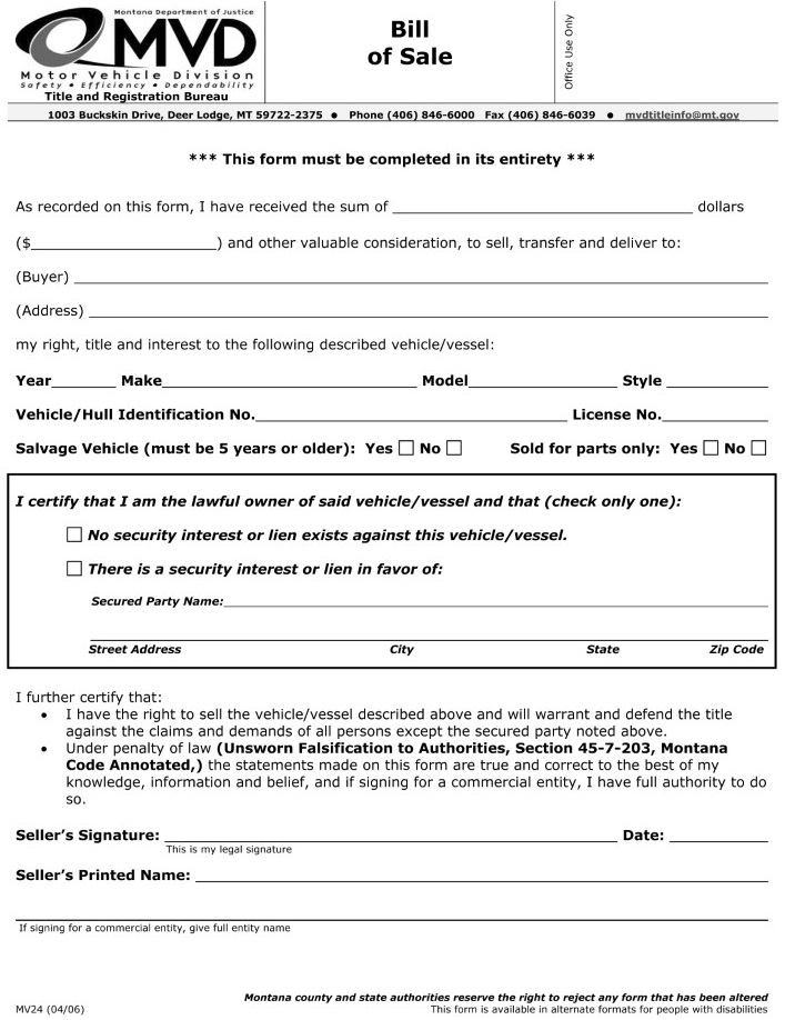 Montana Motor Vehicle Bill of Sale Form MV 24