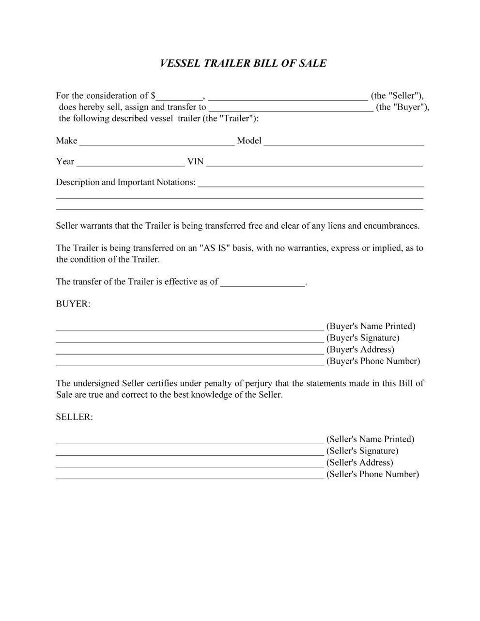 Vessel Trailer Bill of Sale Form