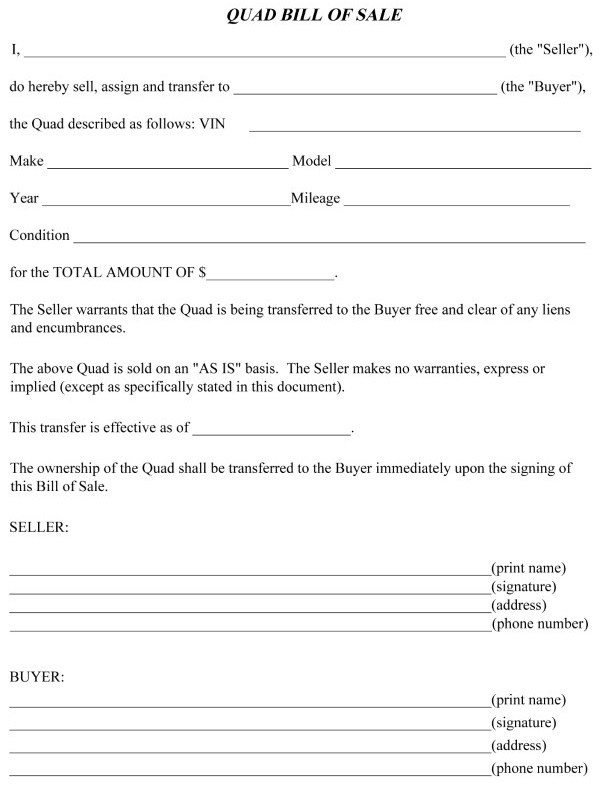 Bill of Sale Form For Quad