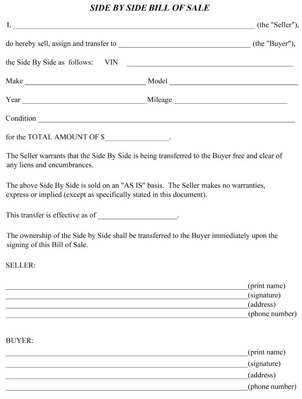 Bill of Sale Form For Side By Side