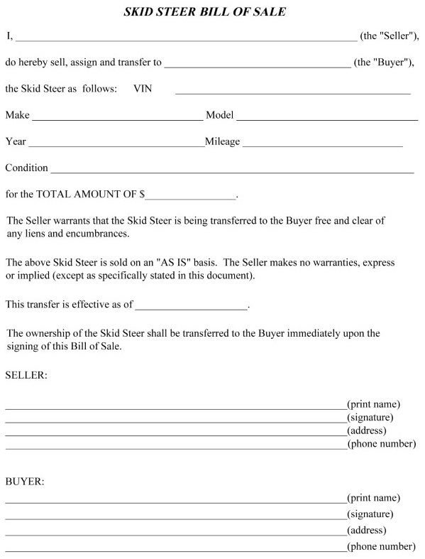 Bill of Sale Form For Skid Steer