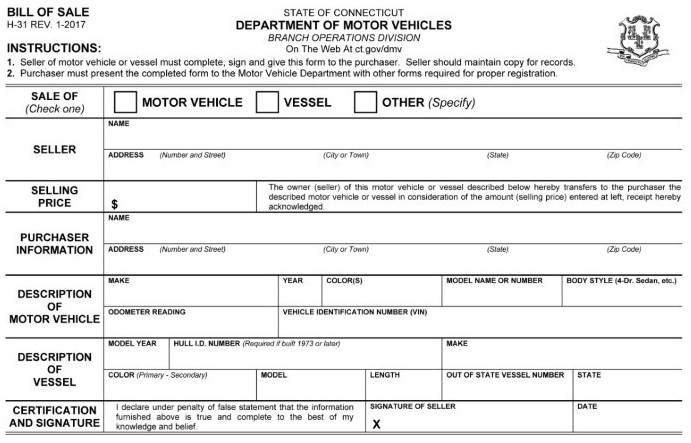 Connecticut Boat Bill of Sale Form