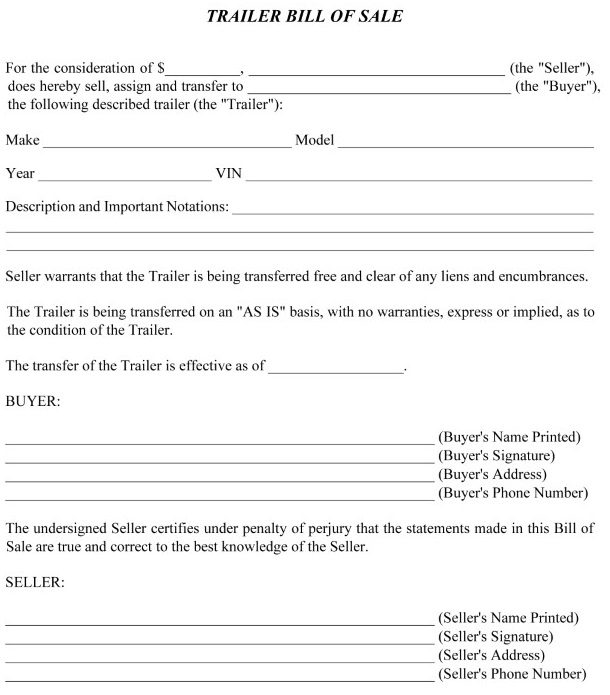 Free Simple Bill of Sale Form For Trailer