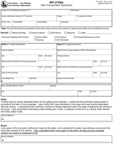 Idaho Boat Bill of Sale Form