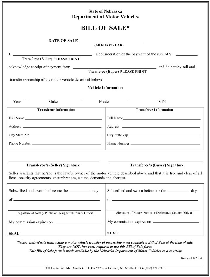 Nebraska Motor Vehicle Bill of Sale Form