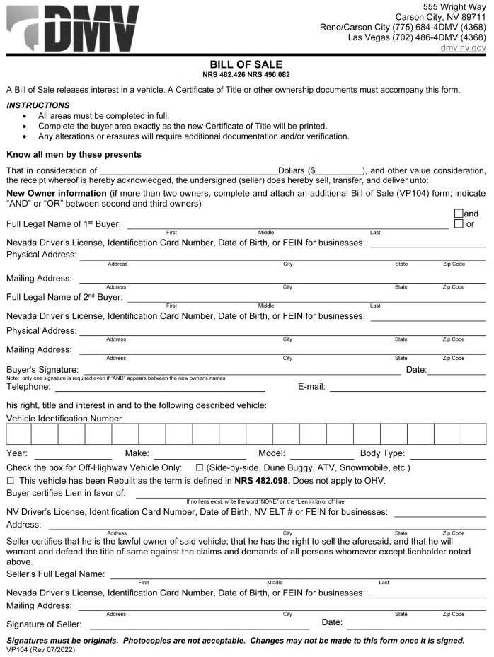 Nevada Motor Vehicle Bill of Sale Form VP 104