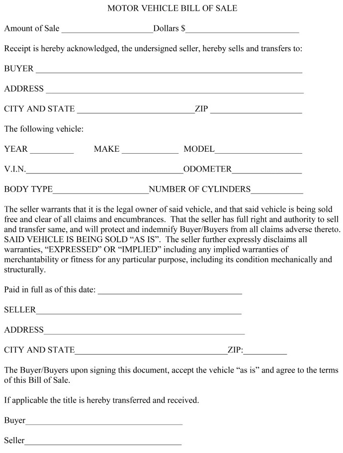 New Hampshire Motor Vehicle Bill of Sale Form