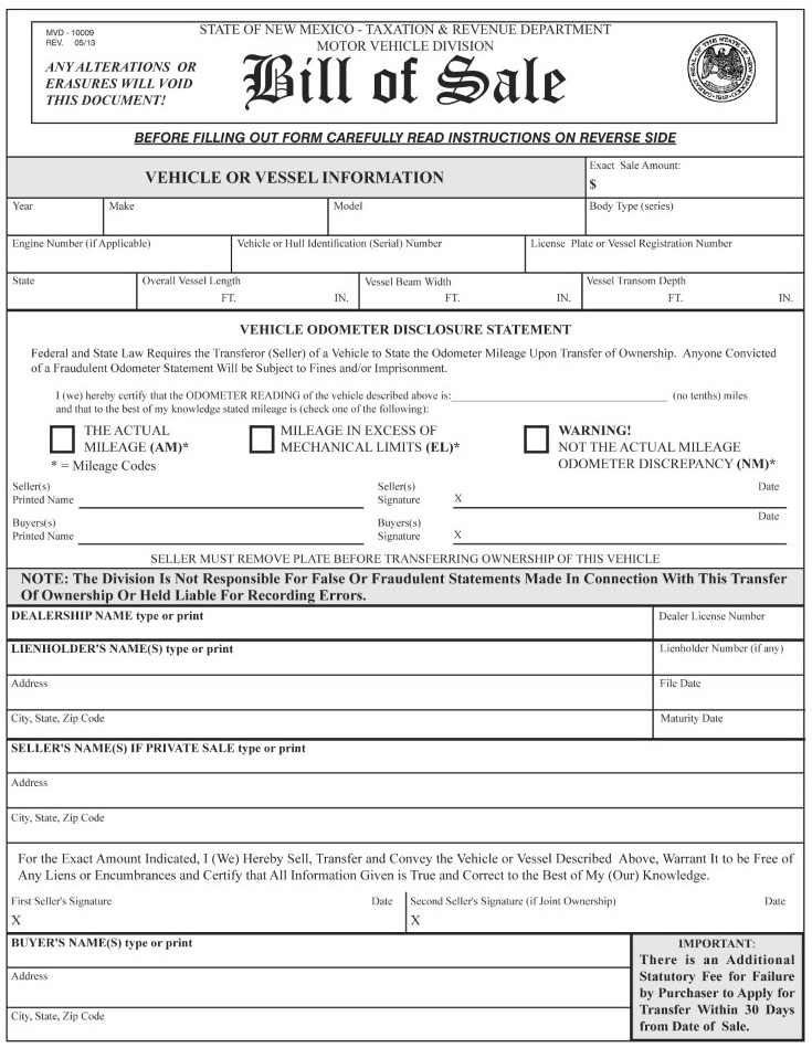 New Mexico Motor Vehicle Bill of Sale Form MVD 10009