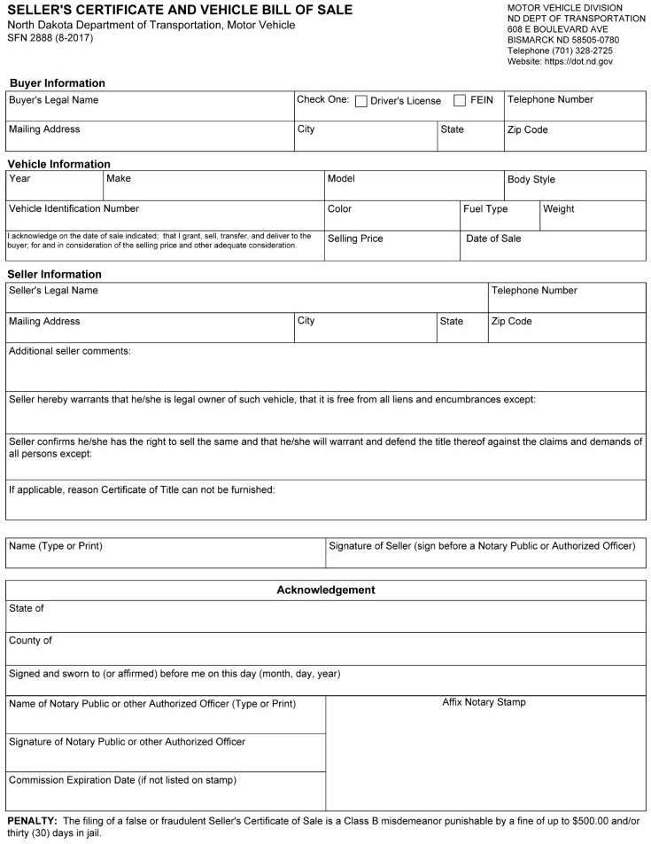 North Dakota Motor Vehicle Bill of Sale Form SFN 2888