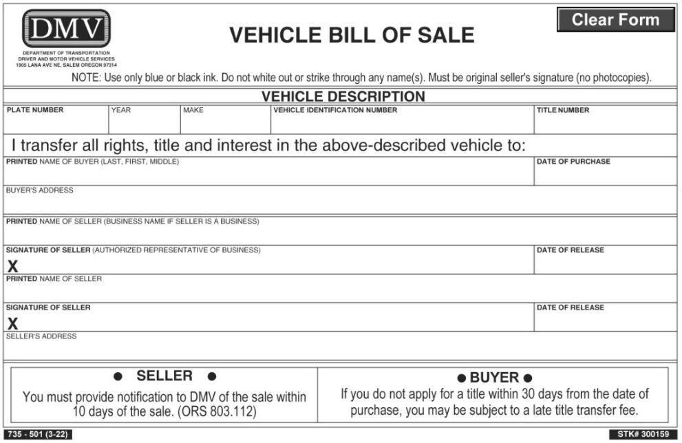 Oregon Motor Vehicle Bill of Sale Form DMV 735 501