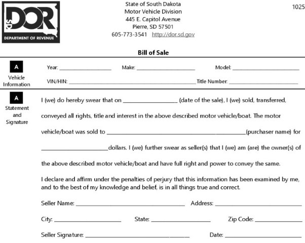 South Dakota Boat Bill of Sale Form