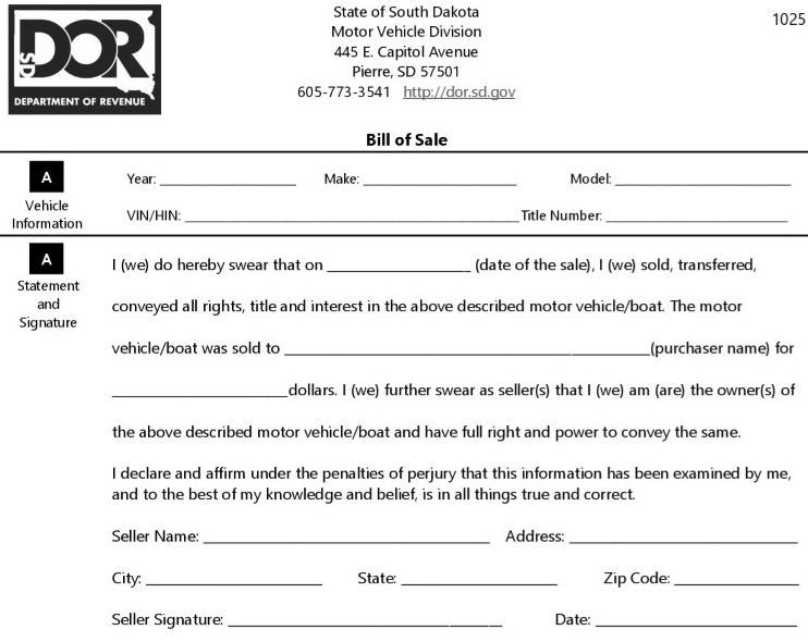 South Dakota Motor Vehicle Bill of Sale Form 1025