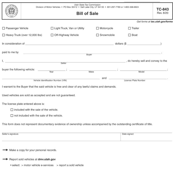 Utah Motor Vehicle Bill of Sale Form TC 843