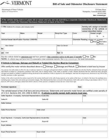 Vermont Boat Bill of Sale Form