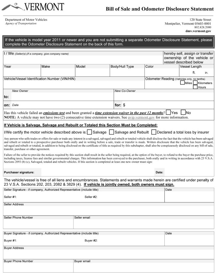 Vermont Motor Vehicle Bill of Sale Form VT 005