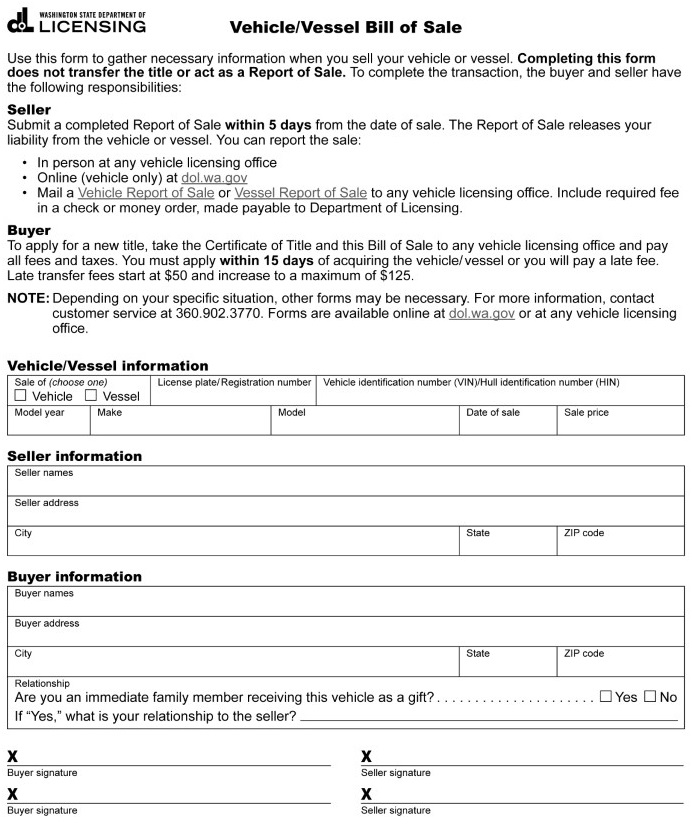 Washington Motor Vehicle Bill of Sale Form Form TD 520 065