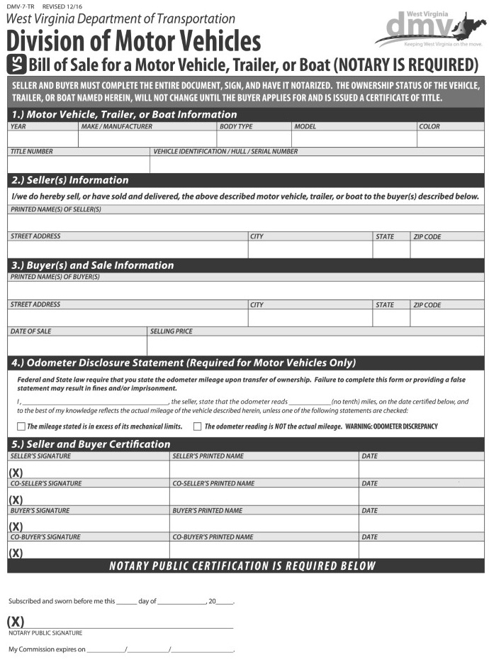 West Virginia Motor Vehicle Bill of Sale Form DMV 7 TR