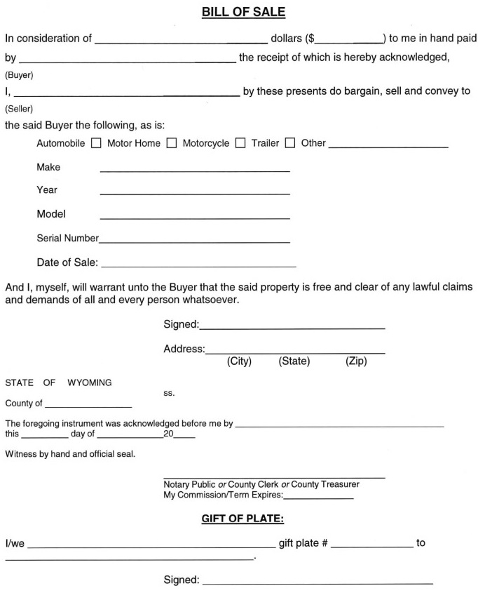 Wyoming Motor Vehicle Bill of Sale Form