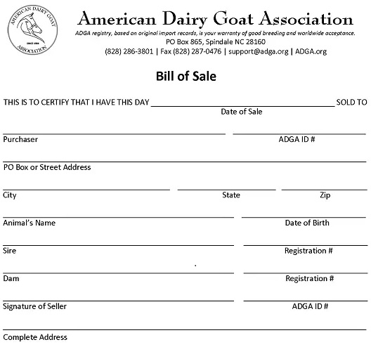 ADGA Goat Bill of Sale Form