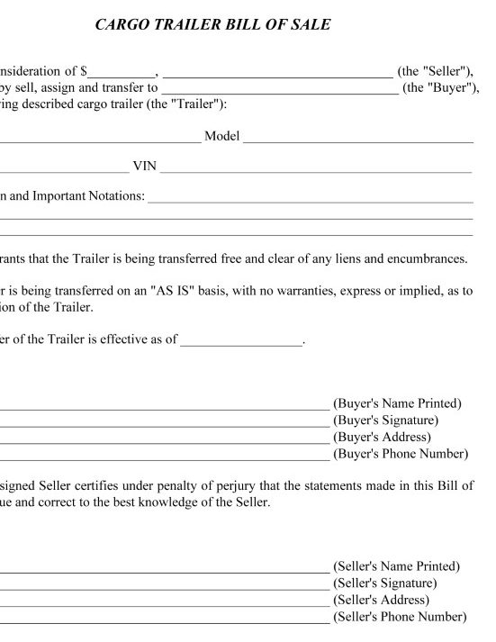 Cargo Trailer Bill of Sale Form