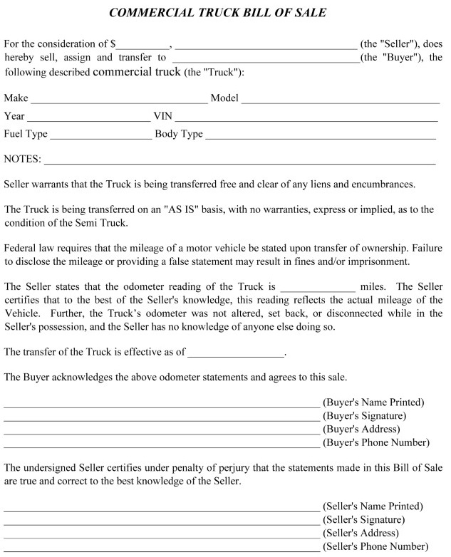 Commercial Truck Bill of Sale Form