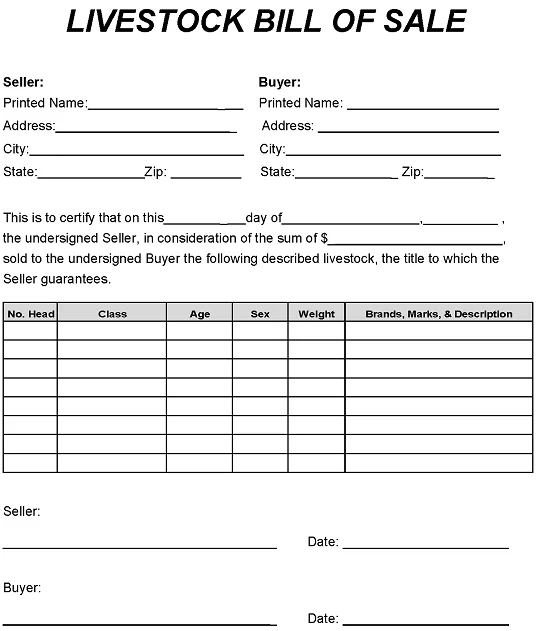 Livestock Bill of Sale Form