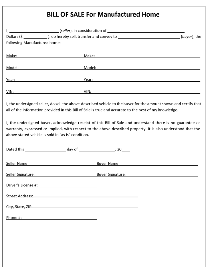 Manufactured Home Bill of Sale Form