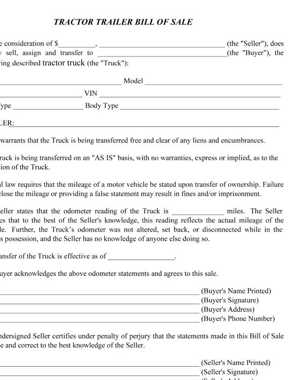 Tractor Trailer Bill of Sale Form