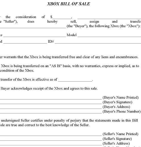 Xbox Bill of Sale Form