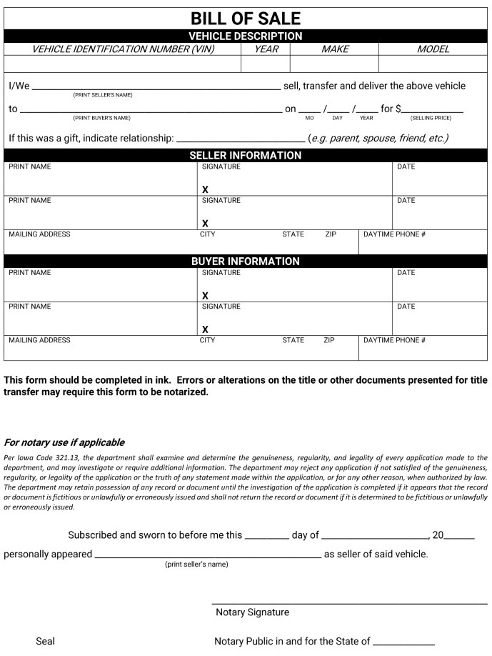 Iowa RV Bill of Sale Form