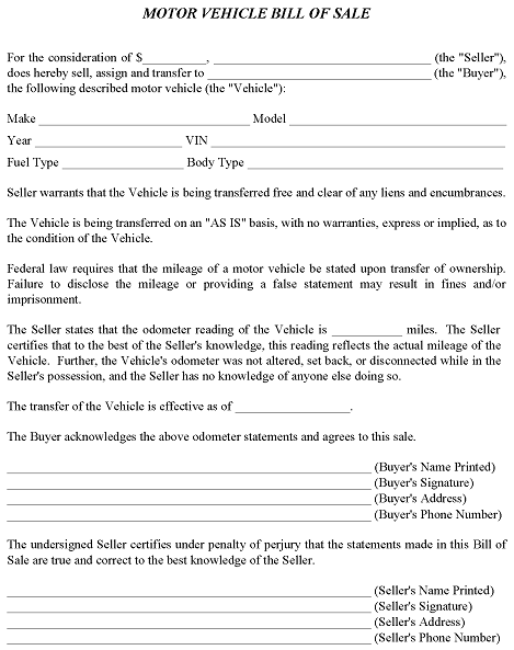 Motor Vehicle Bill of Sale Form Form