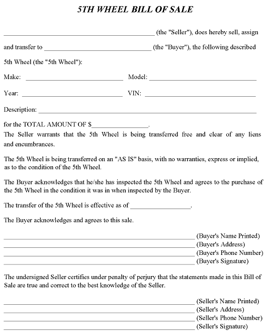 5th Wheel Bill of Sale Form PDF