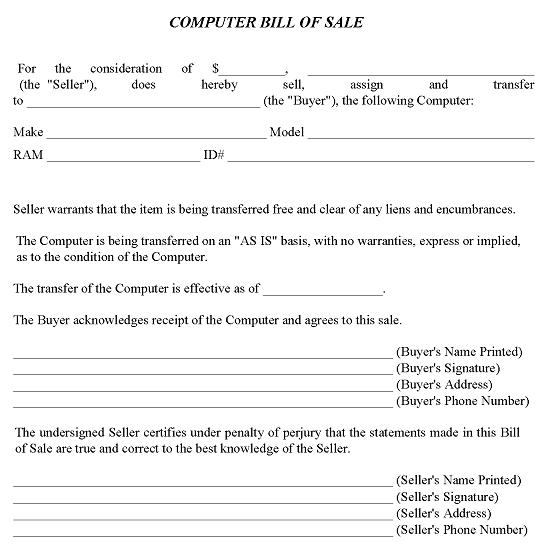 Computer Bill of Sale Form