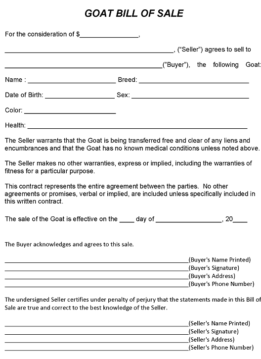 Goat Bill of Sale Form