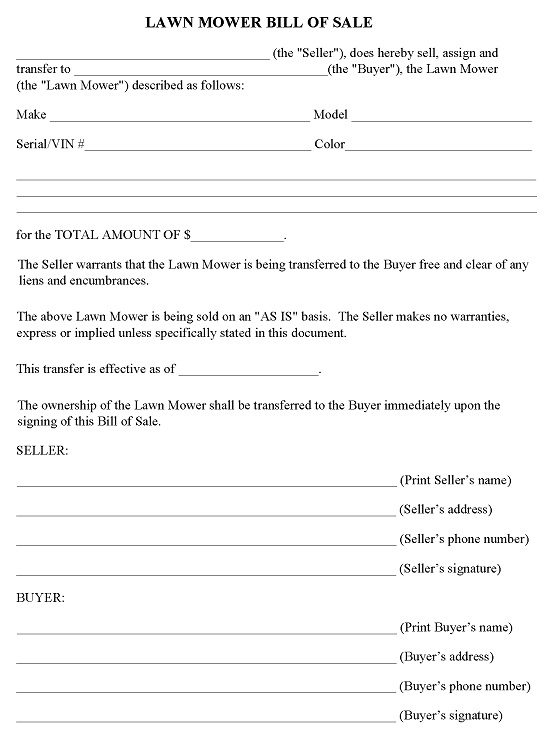 Lawn Mower Bill of Sale Form