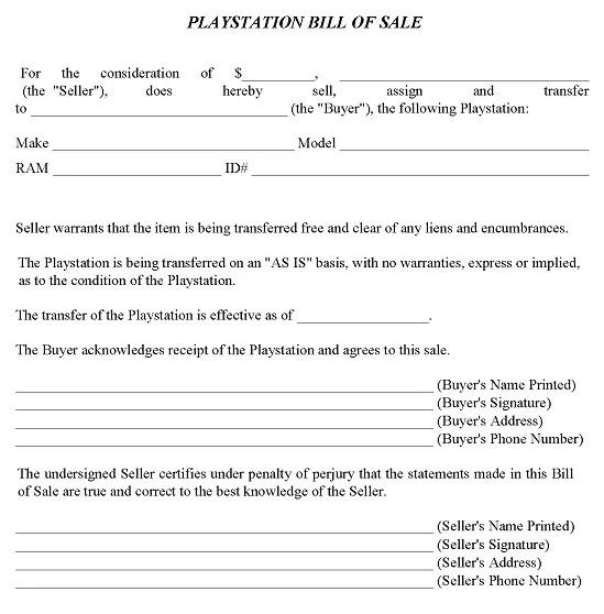 Playstation Bill of Sale Form