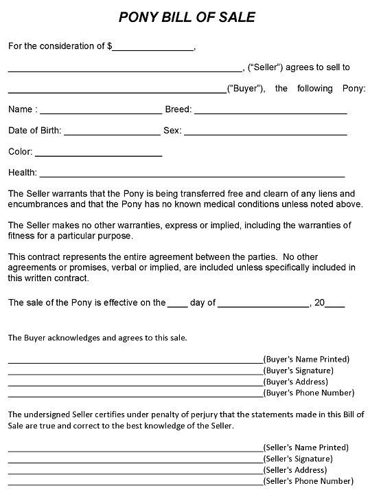 Pony Bill of Sale Form