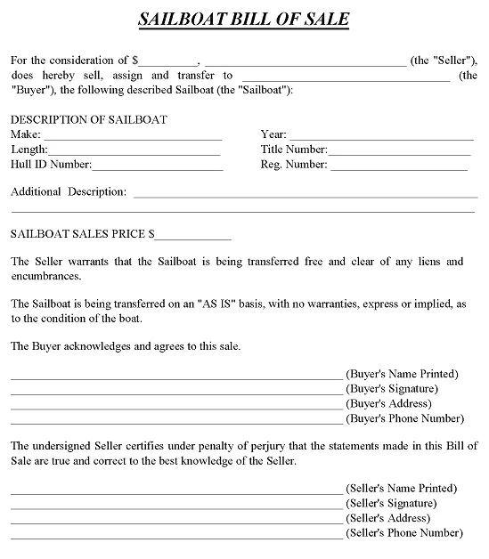 Sailboat Bill of Sale Form