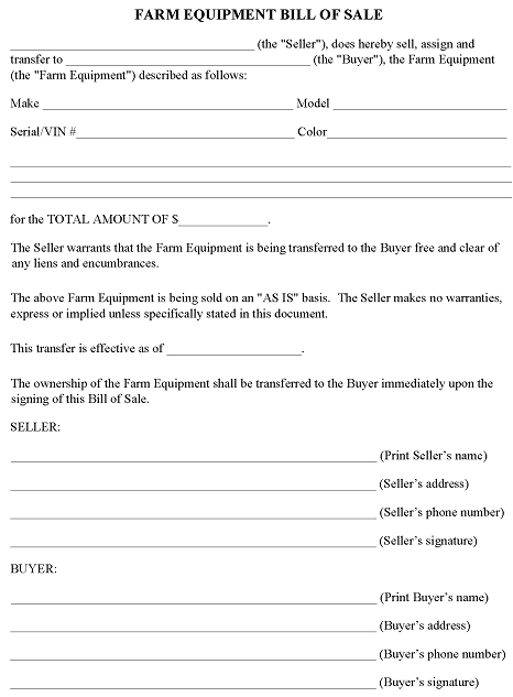 Farm Equipment Bill of Sale Form PDF